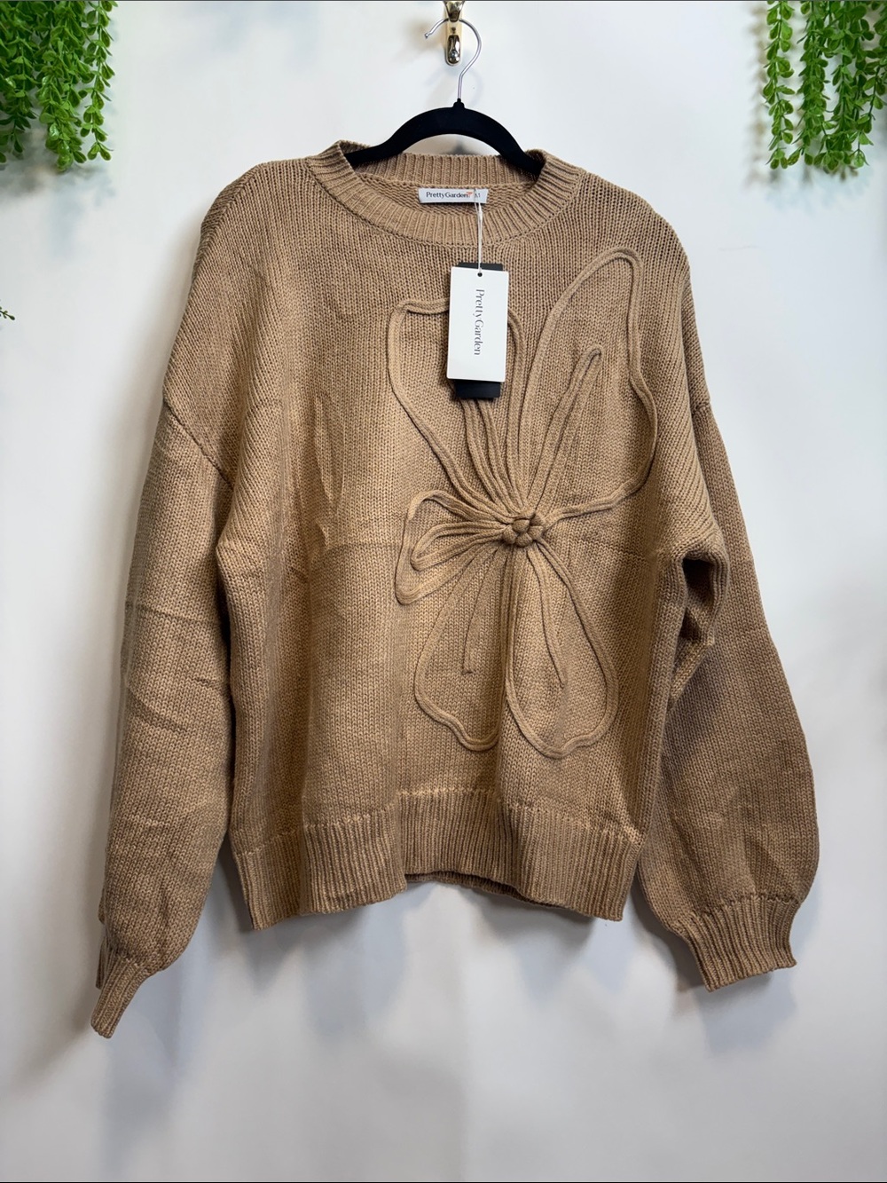 Pretty Garden Tan Floral-Applique Crewneck Sweater